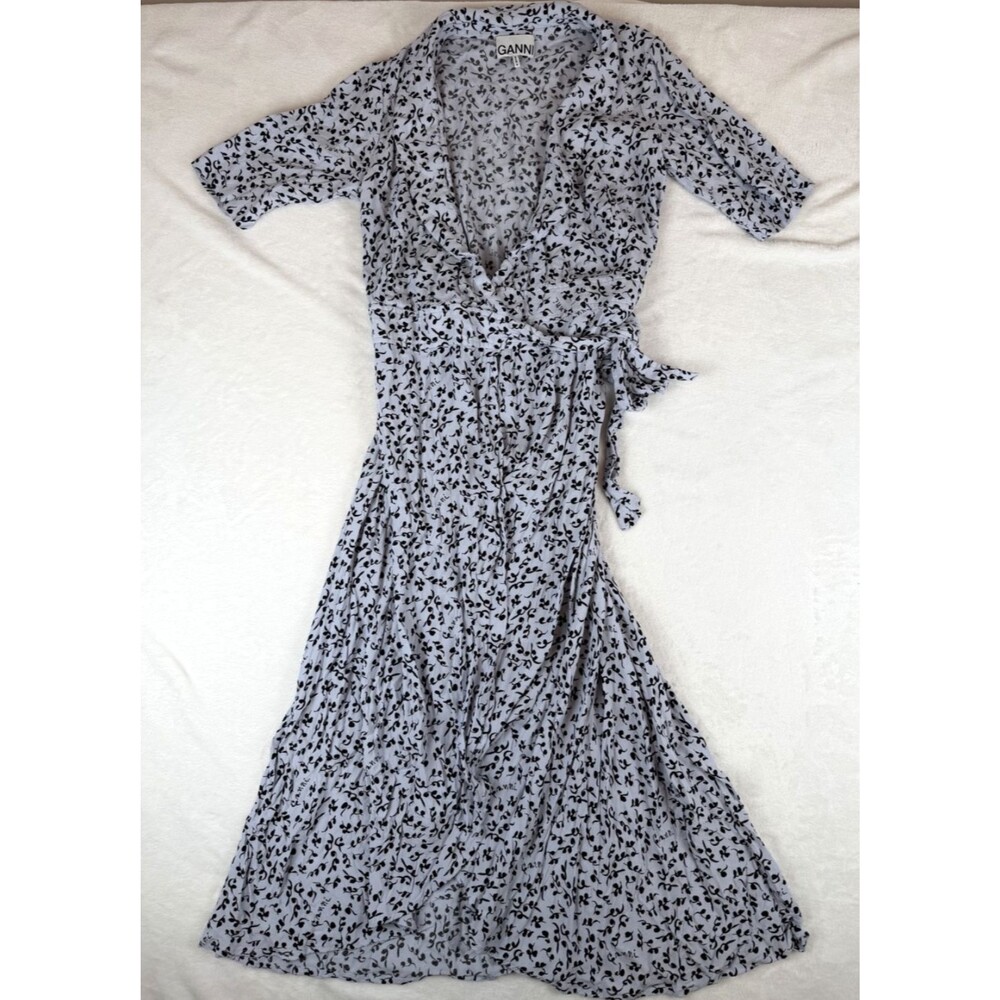 GANNI Wrap Midi Dress Women's EU 34 US 2 Gray Black Floral Logo Print Tie